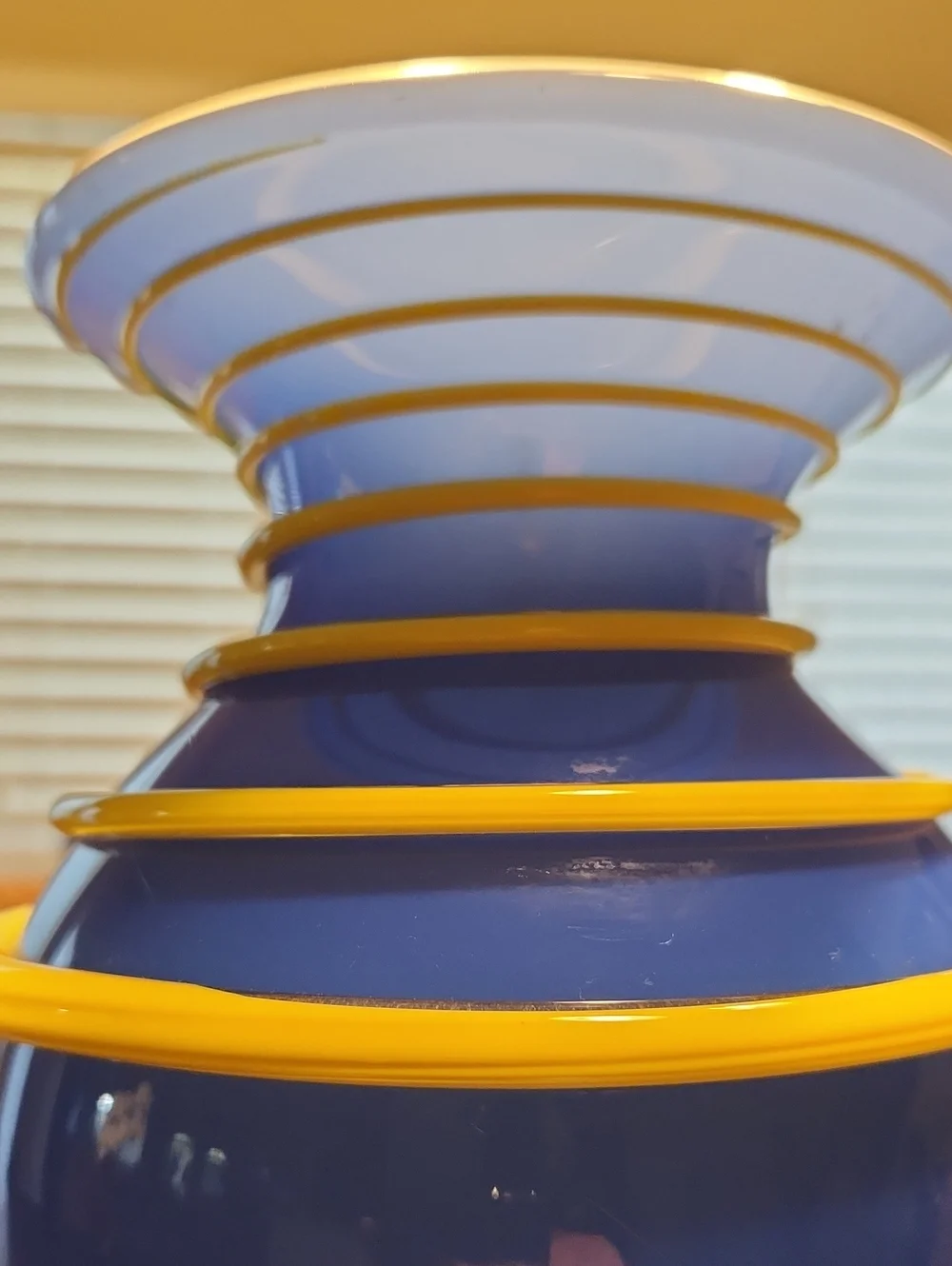 Carlo Moretti Murano Attributed Glass Vase -Cobalt with Yellow Spiral Wrap. 4lb